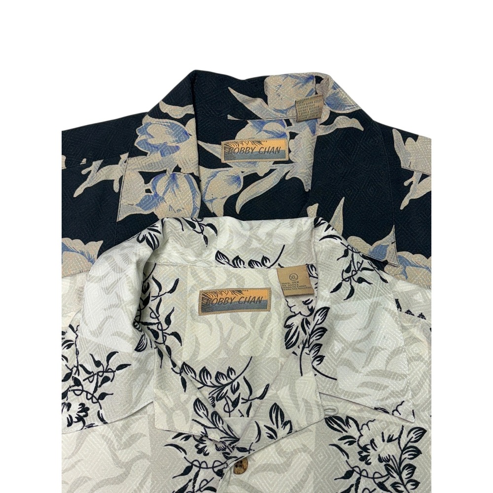 Lot of 2 Bobby Chan Mens Silk Aloha Hawaiian Shirt XL Black Floral Vacation